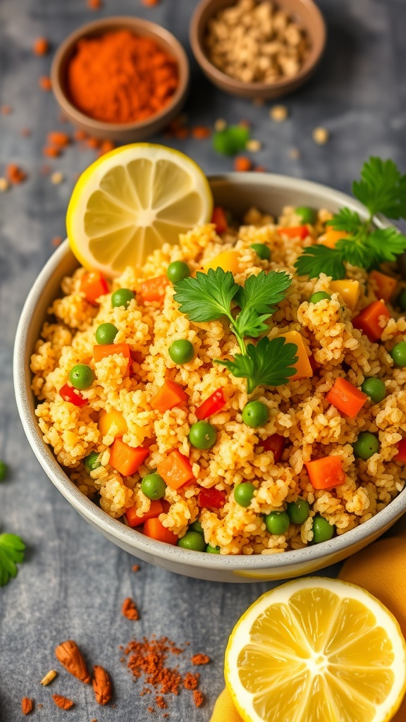 A bowl of colorful quinoa upma with vegetables, garnished with cilantro and lemon, on a rustic table.